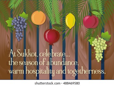 Sukkot Festival greeting card design vector template. Sample Greeting text. Traditional Jewish Sukkot holiday fruit decoration of Sukkah hut on holiday eve. Layered, editable design.