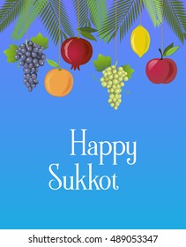 Sukkot Festival greeting card design vector template. Greeting text "Happy Sukkot". Traditional Jewish Sukkot holiday fruit decoration. Sample text. Layered, editable design.