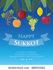 Sukkot Festival greeting card design vector template. Greeting text "Happy Sukkot". Traditional Jewish Sukkot holiday fruit decoration. Sample text. Layered, editable design.