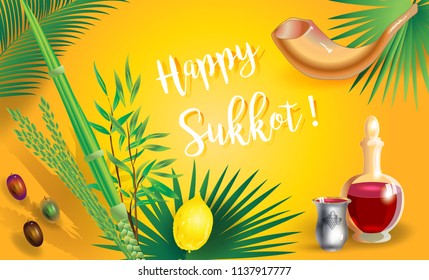 Sukkot Festival Grußkarte mit hebräischem Text - Happy Sukkot! Lulav, Erog, shofar, Palmenblätter Rahmen. Trendy Design Jewish Holiday Rosh Hashana Shana Tova, Sukkot, Jom Kippur, Israel Jerusalem