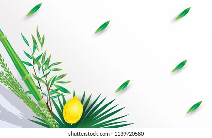 Sukkot Festival greeting card with traditional symbpls lulav, etrog, shofar, palm tree leaves frame. Trendy design Jewish Holiday Rosh Hashana, Shana Tova, Sukkot vector, Yom Kippur, Israel Jerusalem