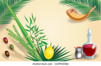 Sukkot Festival greeting card with traditional symbpls lulav, etrog, shofar, palm tree leaves frame. Trendy design Jewish Holiday Rosh Hashana, Shana Tova, Sukkot vector, Yom Kippur, Israel Jerusalem