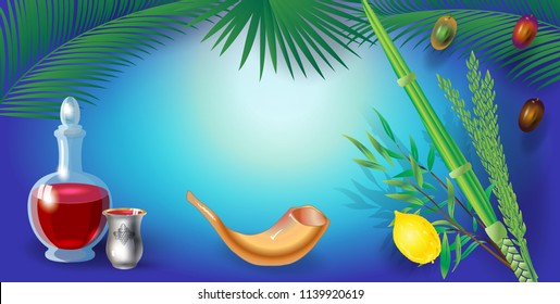 Sukkot Festival greeting card with traditional symbpls lulav, etrog, shofar, palm tree leaves frame. Trendy design Jewish Holiday Rosh Hashana, Shana Tova, Sukkot vector, Yom Kippur, Israel Jerusalem