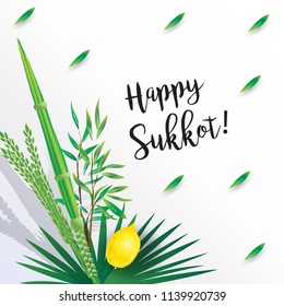 Sukkot Festival greeting card with traditional symbpls lulav, etrog, shofar, palm tree leaves frame. Trendy design Jewish Holiday Rosh Hashana, Shana Tova, Sukkot vector, Yom Kippur, Israel Jerusalem