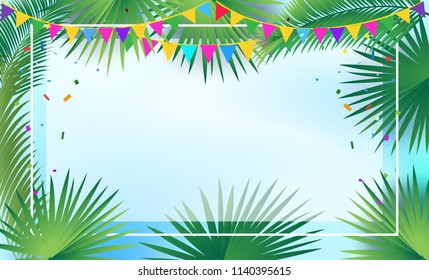 Sukkot festival invitation background, Tropical palm tree leafs sukkah frame, garland, confetti, decoration traditional four species, lulav, etrog. Jewish Holiday Rosh hashanah greeting poster, Vector