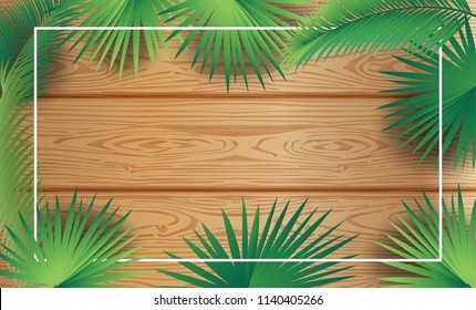 Sukkot festival tropical palm tree leafs sukkah frame, trendy wood background, traditional species, Jewish Holiday Rosh hashanah greeting poster, garland, confetti, decoration palm date leaves Vector