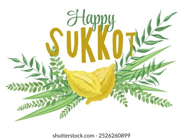 Sukkot Greeting Card with arba minim, 4 species: etrog and palm, myrtle and willow branches (lulav, hadasim, aravot), horizontal composition banner, Congratulations with Jewish Holiday, Happy Sukkoth!