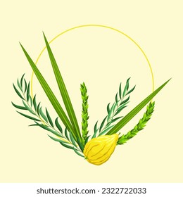 Sukkot greeting card with blank space for congratulation text. Feast of Tabernacles or Festival of Ingathering. Circle frame with leaves and lemon. Traditional symbols: etrog, lulav, hadas, arava