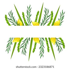 Sukkot greeting card with blank space for congratulation text. Feast of Tabernacles or Festival of Ingathering. Traditional symbols: etrog (citron), lulav (palm branch), hadas (myrtle), arava (willow)