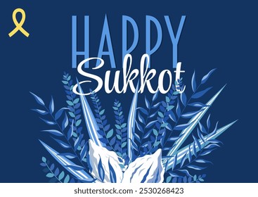 Sukkot greeting card in blue and white colors with yellow ribbon. Floral composition with arba minim, four species: etrog and palm, myrtle and willow branches, and text - Happy Sukkot. Jewish Holiday.