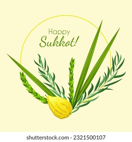 Sukkot greeting card. Feast of Tabernacles or Festival of Ingathering. Circle frame with leaves and lemon. Traditional symbols: etrog (citron), lulav (palm branch), hadas (myrtle), arava (willow)