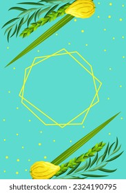 Sukkot greeting card template with blank space for congratulation text and geometrical polyhedron. Feast of Tabernacles or Festival of Ingathering. Traditional symbols is etrog, lulav, hadas, arava