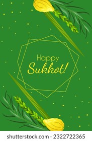 Sukkot greeting card template with palm leaves, lemon and geometrical polyhedron. Feast of Tabernacles or Festival of Ingathering. Traditional judaic religious symbols: etrog, lulav, hadas, arava