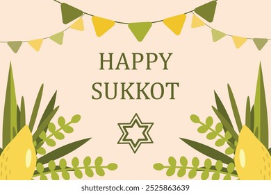 Sukkot Urlaubskonzept. Etrog, Lulav, Myrte, Stern von David und Feiertagsfahnen. Vektorgrafik für jüdischen Feiertag