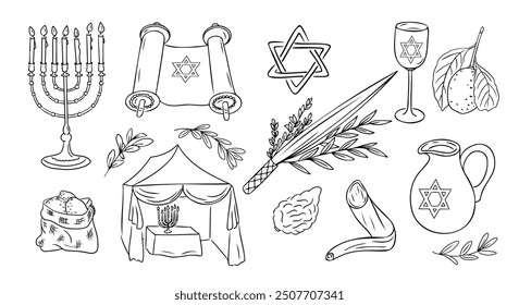 Sukkot Urlaub Doodle-Set. Monochrome Vektorkonturaufkleber mit Shofar, Menorah und Bouquet mit Palmen, Weiden und Myrtenzweigen einzeln auf weißem Hintergrund. Skizzenhafte Zeichnungen