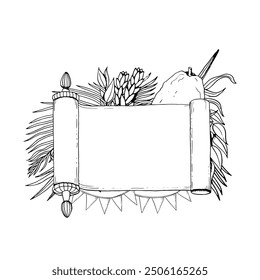 Sukkot horizontal banner template with blank Torah scroll and holiday symbols black and white vector illustration. Four species etrog fruit, hadass, lulav, aravah, myrtle and willow with palm leaves