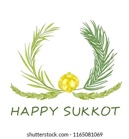 Sukkot Jewish Holiday background. Festive background with hand-written text, branches of myrtle, willow, palm, citron fruits. Vector illustration