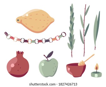 Sukkot Jewish holiday design elements vector set isolated on a white background.