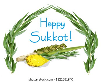 Sukkot, a Jewish holiday. With the image of Etrog, lulav, hadas, arava. Illustration.