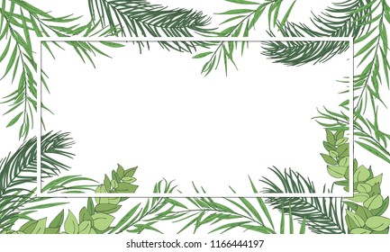 Sukkot Jewish Holiday palm, willow, myrtle leaves frame background. Festive Palm tree leafs background. Vector illustration