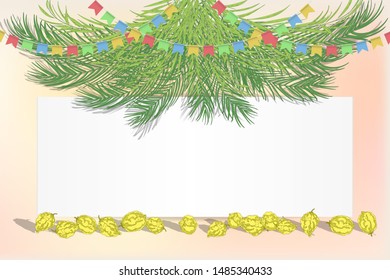 Sukkot Jewish Holiday palm, willow, myrtle leaves frame background. Festive Palm tree leafs background. Vector illustration