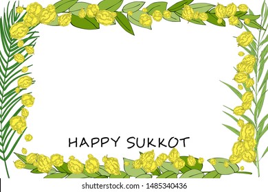 Sukkot Jewish Holiday palm, willow, myrtle leaves frame background. Festive Palm tree leafs background. Vector illustration