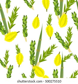 Sukkot Jewish holiday seamless pattern. Jewish torah Lulav date palm, Etrog citron, Arava willow and Hadas myrtle Jewish festival Sukkot species lulav. Palm branch, willow and myrtle leaves, etrog.