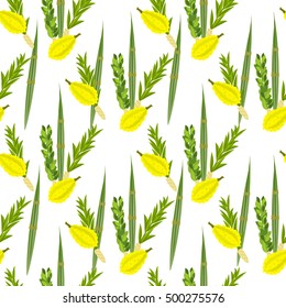 Sukkot Jewish holiday seamless pattern. Jewish torah Lulav date palm, Etrog citron, Arava willow and Hadas myrtle Jewish festival Sukkot species lulav. Palm branch, willow and myrtle leaves, etrog.