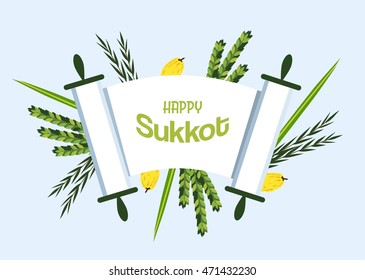 Sukkot - Jewish holiday. torah with Lulav (date palm) ,Etrog (citron) , Arava (willow) and Hadas (myrtle), Four species symbols