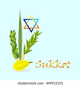 Sukkot Jewish holiday. Jewish torah with Lulav date palm, Etrog citron, Arava willow and Hadas myrtle Jewish festival Sukkot species lulav. Palm branch, willow and myrtle leaves, etrog.