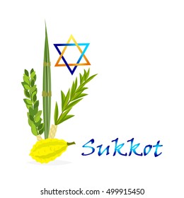 Sukkot Jewish holiday. Jewish torah with Lulav date palm, Etrog citron, Arava willow and Hadas myrtle Jewish festival Sukkot species lulav. Palm branch, willow and myrtle leaves, etrog.