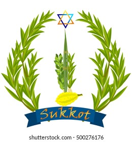 Sukkot Jewish holiday. Jewish torah with Lulav date palm, Etrog citron, Arava willow and Hadas myrtle Jewish festival Sukkot species lulav. Palm branch, willow and myrtle leaves, etrog.