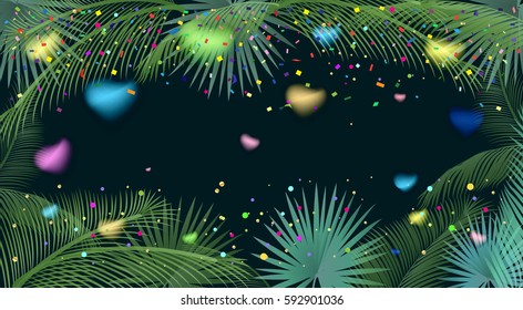 Sukkot Palm leaves tropical poster. Tropical tree leaves with colorful confetti, bright sparkles, blurred. Palm leafs frame. Sukkot, Rosh Hashanah, Purim, Jewish Holiday celebration Festival Israel