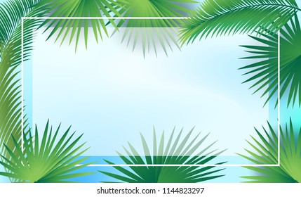 Sukkot palm tree leaves frame, date palm leafes border, blue sky background. Sukkah decoration, rosh hashanah, autumn jewish holiday greenary foliage decorative traditional design, vector Israel card