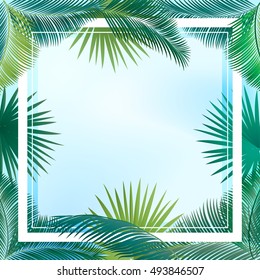 Sukkot palm tree leaves frame. Palm leaf frame. Palm branch leaves sky background. Tropical palm leaf frame with space for text. Jungle background green leaves border. Vector exotic 2022 Summer poster