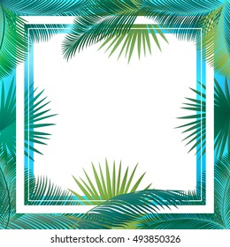 Sukkot palm tree leaves frame. Palm leaf frame. Palm branch leaves background. Tropical palm leaf frame with white space for text. Jungle background green leaves. Vector Rosh hashanah. Summer poster