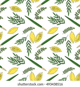 Sukkot seamless pattern background. Etrog, lulav hadas and arava. Vector illustration. Isolated on white background.