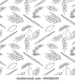 Sukkot seamless pattern background. Etrog, lulav hadas and arava. Vector illustration. Isolated on white background.