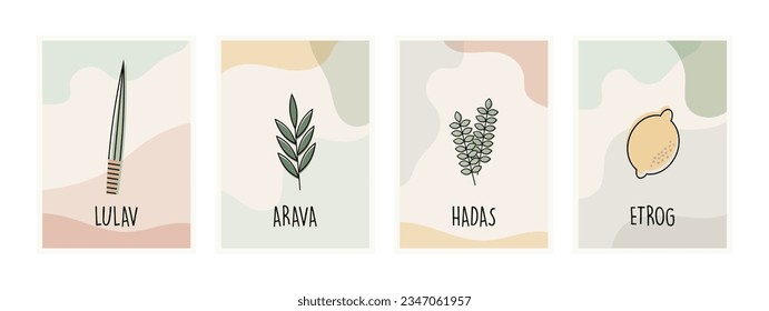 Sukkot set of herbs and spices of the etrog, lulav, Arava, Hadas. Jewish holiday. greeting card set. Vector illustration