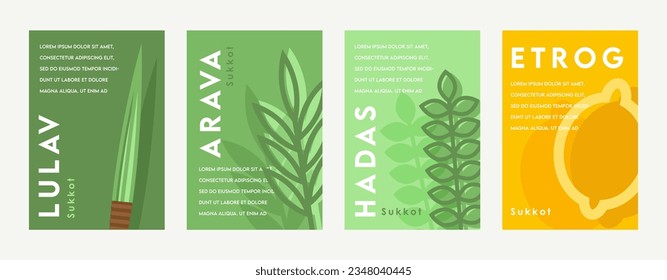 Sukkot set of herbs and spices of the etrog, lulav, Arava, Hadas. Arbaat haminim- four species traditional Sukkot symbol. Jewish holiday. greeting card set. Vector illustration