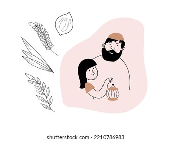 Sukkot vector doodle set, israel happy greeting sukot cards elements, Green hebrew, sukkah etrog, palm leaves and lemon.Religious party decor.