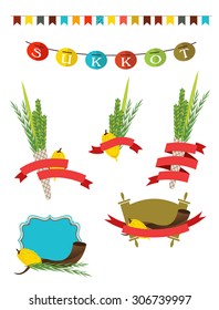 sukot collection -  four symbols of Jewish holiday Sukkot with sukkah decorations