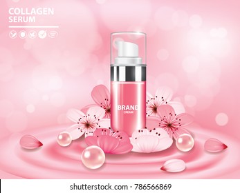 Sukura , cherry blossom collagen vitamin skin care cream , serum banner vector illustration