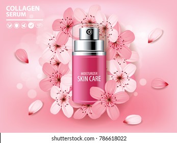 Sukura , cherry blossom collagen vitamin skin care cream , serum banner vector illustration