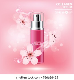 Sukura , cherry blossom collagen vitamin skin care cream , serum banner vector illustration