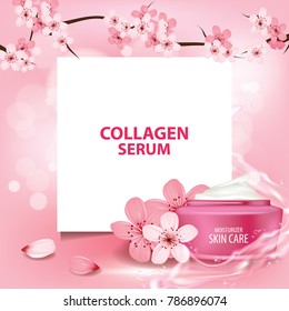 Sukura , cherry blossom collagen vitamin skin care cream , serum banner vector illustration