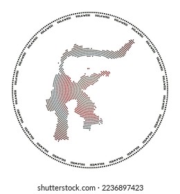 Sulawesi round logo. Digital style shape of Sulawesi in dotted circle with island name. Tech icon of the island with gradiented dots. Astonishing vector illustration.