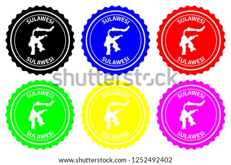 Sulawesi - rubber stamp - vector, Celebes map pattern - sticker - black, blue, green, yellow, purple and red