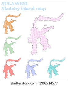 Sulawesi sketchy island map. Mesmeric hand-drawn illustration in a neat, childish style icon.