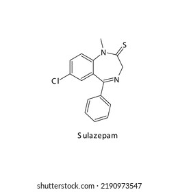 Sulazepam Molecule Flat Skeletal Structure, Benzodiazepine Class Drug Used As Anxiolytic, Anticonvulsant, Sedative, Hypnotic Agent. Vector Illustration On White Background.